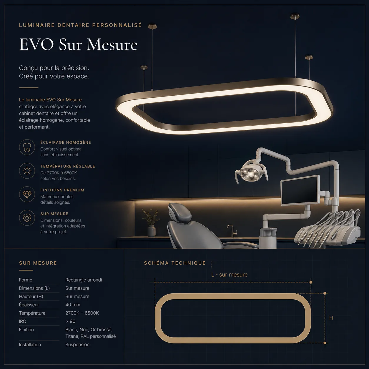Luminaire EVO Sur Mesure — configuration personnalisée pour cabinet dentaire